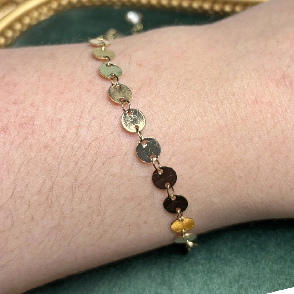 Gold Tone Flat Disc‎ Sequin Chain Bracelet with Crystal Extender Charm